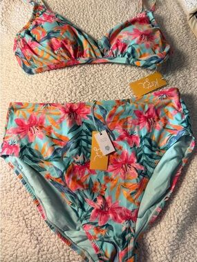NWT Kona Sol Aqua Floral Bikini Set with Pink and Orange Accents Size Large